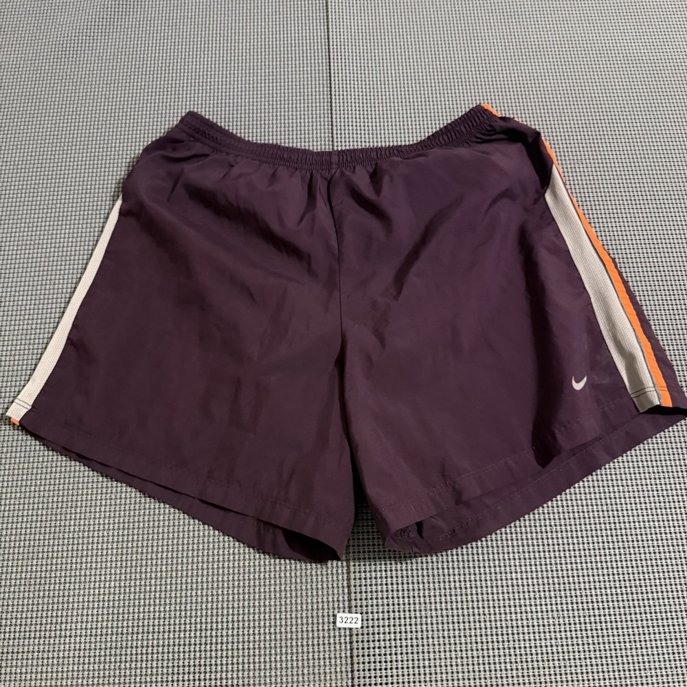 Nike Dri-Fit Womens Large Purple Athletic Running Shorts Orange Grey Stripe